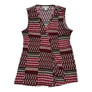 Dana Buchman Red & Black Geometric Pattern V-neck Blouse- Size Small